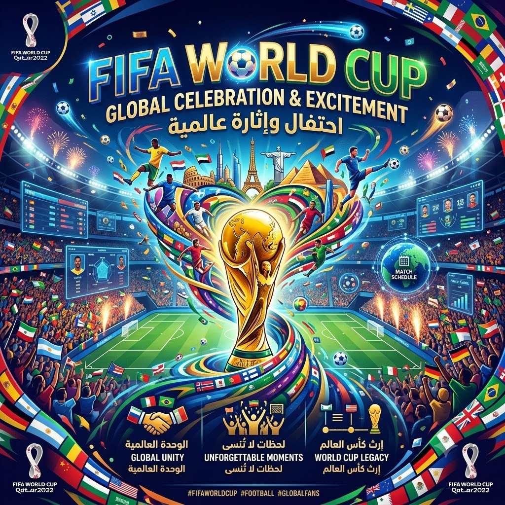 FIFA World Cup Qatar 2022 poster with a golden trophy at center, players in action, and a stadium crowd with flags around.
