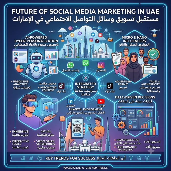 Infographic on the UAE future of social media marketing; center features 'Integrated Strategy' connected to AI personalization, influencers, and data-driven decisions.