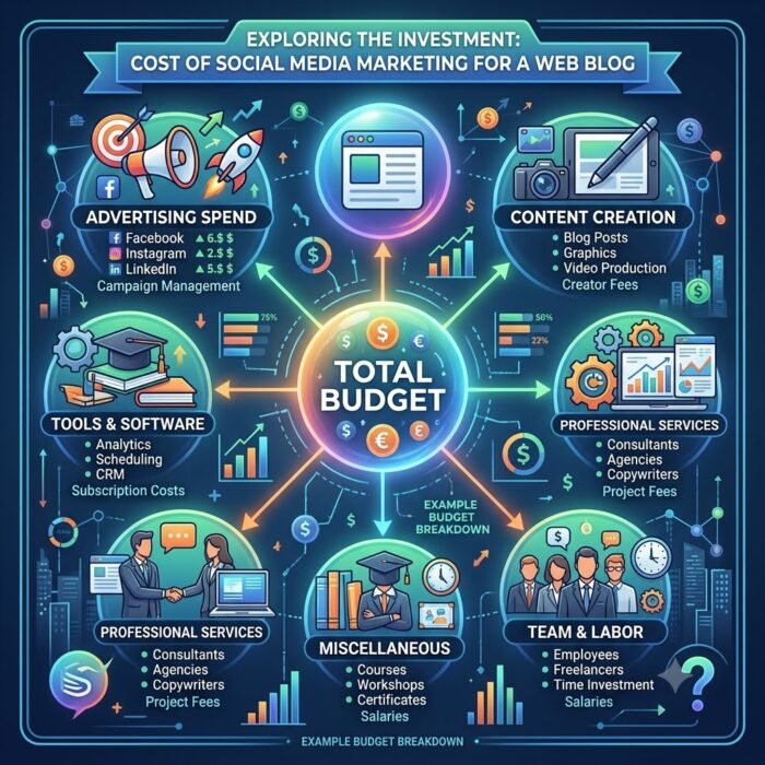 Colorful infographic showing a central 'Total Budget' circle with spokes to categories around it: Advertising, Content Creation, Tools & Software, Professional Services, Team & Labor, and Miscellaneous, connected by arrows.